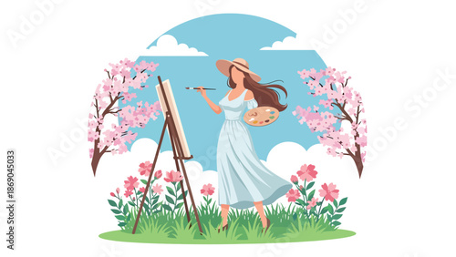 Vector illustration of a woman painting flowers outdoors in spring, creative artistic lifestyle scene with nature inspiration and calm seasonal atmosphere in flat solid colors