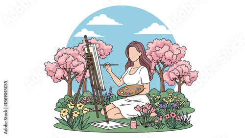 Vector illustration of a woman painting flowers outdoors in spring, creative artistic lifestyle scene with nature inspiration and calm seasonal atmosphere in flat solid colors
