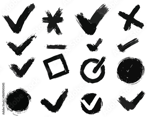 Collection de symboles graphiques dessinés à la main, incluant des coches, croix et astérisques, avec un effet de pinceau grunge pour designs créatifs.