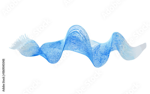 Onde fluide et transparente de couleur bleue, créant un mouvement dynamique et abstrait sur un fond blanc pur, idéale pour la technologie ou le design moderne.