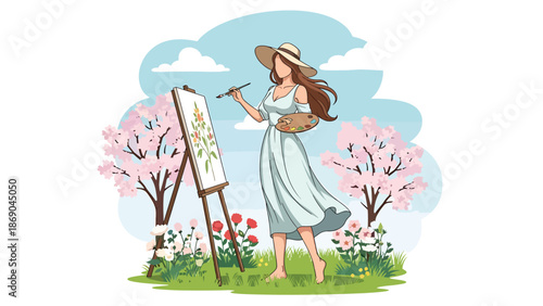 Vector illustration of a woman painting flowers outdoors in spring, creative artistic lifestyle scene with nature inspiration and calm seasonal atmosphere in flat solid colors