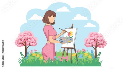 Vector illustration of a woman painting flowers outdoors in spring, creative artistic lifestyle scene with nature inspiration and calm seasonal atmosphere in flat solid colors