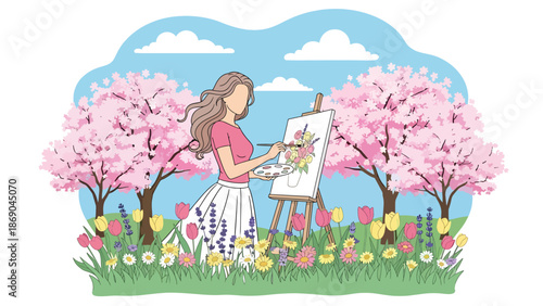 Vector illustration of a woman painting flowers outdoors in spring, creative artistic lifestyle scene with nature inspiration and calm seasonal atmosphere in flat solid colors