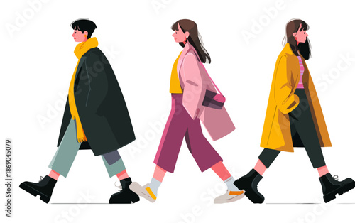 Drei modisch gekleidete junge Menschen gehen im Profil, eine moderne Vektorillustration isoliert auf transparentem Hintergrund, perfekt für urbane Designs.