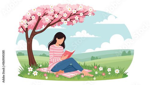 Flat vector illustration of a woman reading a book under a blossoming tree in spring, peaceful outdoor lifestyle scene with flowers and nature in solid color design