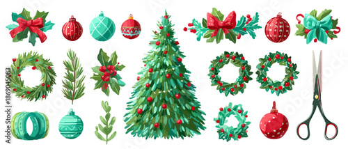 Grande collection d'éléments décoratifs de Noël isolés sur fond transparent, incluant sapin, couronnes, boules et rubans pour des créations festives.