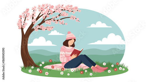 Flat vector illustration of a woman reading a book under a blossoming tree in spring, peaceful outdoor lifestyle scene with flowers and nature in solid color design