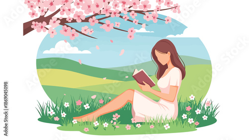 Flat vector illustration of a woman reading a book under a blossoming tree in spring, peaceful outdoor lifestyle scene with flowers and nature in solid color design