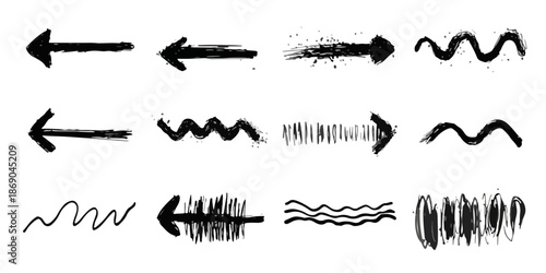 Sammlung handgezeichneter, transparenter Grunge-Pfeile und Wellenlinien im Pinselstrich-Stil für kreative Designprojekte und Web-Navigation.