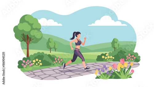 Vector illustration of a woman jogging in a spring park, healthy fitness lifestyle scene with blooming flowers, greenery, and outdoor exercise in flat solid colors