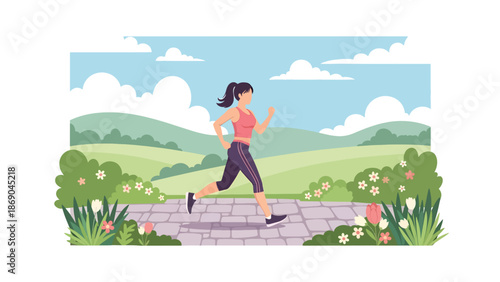 Vector illustration of a woman jogging in a spring park, healthy fitness lifestyle scene with blooming flowers, greenery, and outdoor exercise in flat solid colors