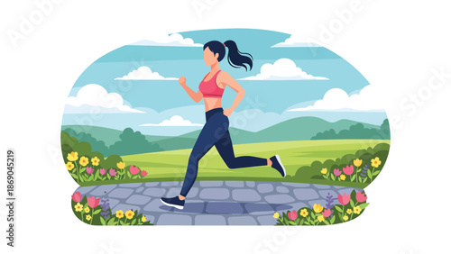 Vector illustration of a woman jogging in a spring park, healthy fitness lifestyle scene with blooming flowers, greenery, and outdoor exercise in flat solid colors
