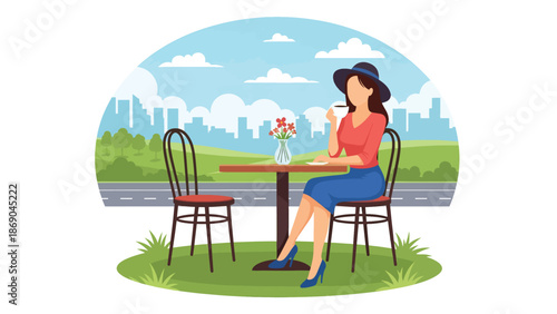 Flat vector illustration of a woman drinking coffee at an outdoor café in spring, urban lifestyle scene with flowers, relaxation, and seasonal city atmosphere