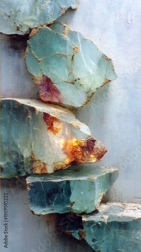 Naturally fractured translucent stones stacked creating an organic, textured display.