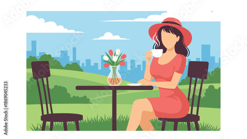 Flat vector illustration of a woman drinking coffee at an outdoor café in spring, urban lifestyle scene with flowers, relaxation, and seasonal city atmosphere