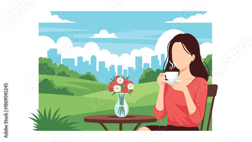 Flat vector illustration of a woman drinking coffee at an outdoor café in spring, urban lifestyle scene with flowers, relaxation, and seasonal city atmosphere