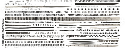 Grande collection de traits de pinceau et de lignes dessinés à la main, offrant des textures variées pour des éléments graphiques transparents.