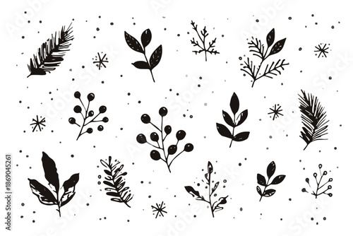 Ensemble d'éléments végétaux hivernaux dessinés à la main, avec baies, branches et flocons, idéal pour des designs transparents et festifs.