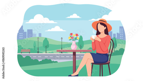 Flat vector illustration of a woman drinking coffee at an outdoor café in spring, urban lifestyle scene with flowers, relaxation, and seasonal city atmosphere