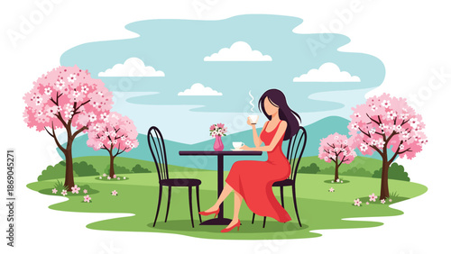 Flat vector illustration of a woman drinking coffee at an outdoor café in spring, urban lifestyle scene with flowers, relaxation, and seasonal city atmosphere