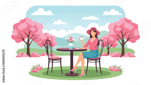 Flat vector illustration of a woman drinking coffee at an outdoor café in spring, urban lifestyle scene with flowers, relaxation, and seasonal city atmosphere
