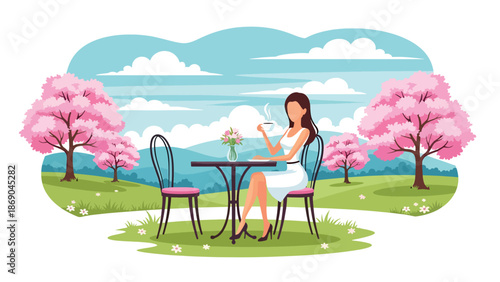Flat vector illustration of a woman drinking coffee at an outdoor café in spring, urban lifestyle scene with flowers, relaxation, and seasonal city atmosphere