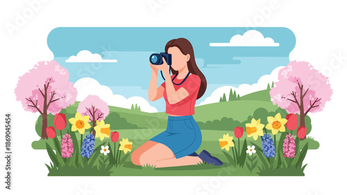 Flat vector illustration of a woman photographing spring flowers in a park, creative outdoor lifestyle scene with blooming nature, hobby photography, and seasonal atmosphere