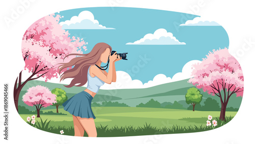 Flat vector illustration of a woman photographing spring flowers in a park, creative outdoor lifestyle scene with blooming nature, hobby photography, and seasonal atmosphere