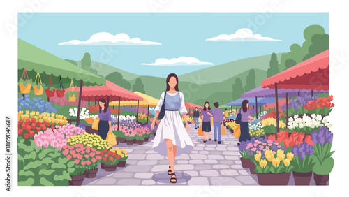 Vector illustration of a woman shopping at a spring flower market, urban lifestyle scene with colorful plants, fresh blooms, and seasonal outdoor activity in flat colors