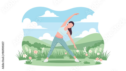 Flat vector illustration of a woman stretching outdoors in spring, morning wellness routine in a park with fresh grass, flowers, and healthy lifestyle atmosphere