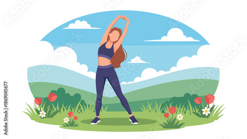 Flat vector illustration of a woman stretching outdoors in spring, morning wellness routine in a park with fresh grass, flowers, and healthy lifestyle atmosphere
