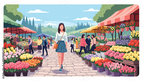 Vector illustration of a woman shopping at a spring flower market, urban lifestyle scene with colorful plants, fresh blooms, and seasonal outdoor activity in flat colors