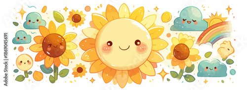 Fröhliche Kawaii-Sonnenblumen, lächelnde Sonne und süße Wolken mit Regenbogen auf transparentem Hintergrund, ideal für Kinderdesigns.