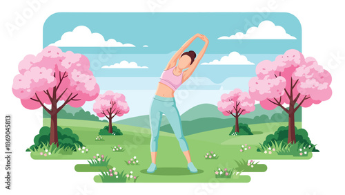 Flat vector illustration of a woman stretching outdoors in spring, morning wellness routine in a park with fresh grass, flowers, and healthy lifestyle atmosphere