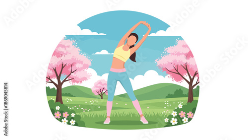 Flat vector illustration of a woman stretching outdoors in spring, morning wellness routine in a park with fresh grass, flowers, and healthy lifestyle atmosphere