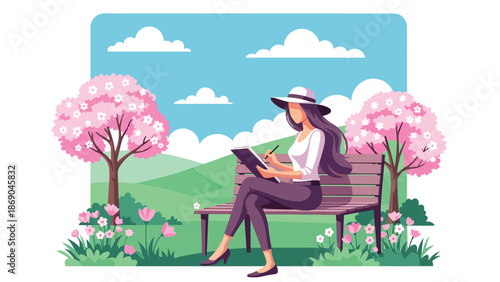 Flat vector illustration of a woman sketching nature in spring, creative outdoor lifestyle scene with blooming trees, calm mood, and artistic inspiration