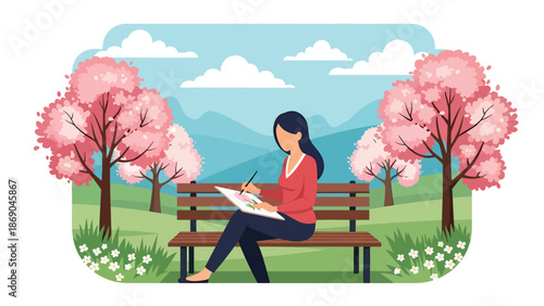 Flat vector illustration of a woman sketching nature in spring, creative outdoor lifestyle scene with blooming trees, calm mood, and artistic inspiration