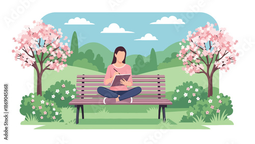 Flat vector illustration of a woman sketching nature in spring, creative outdoor lifestyle scene with blooming trees, calm mood, and artistic inspiration