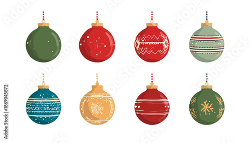 Eine Sammlung von acht festlichen Weihnachtskugeln mit verschiedenen Mustern und Farben, perfekt als transparente Designelemente.