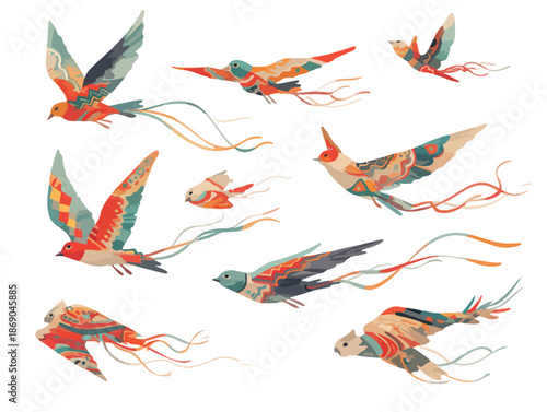 Eine Sammlung von farbenfrohen, stilisierten Vögeln mit langen, fließenden Schwänzen, die anmutig in verschiedenen Posen fliegen, ideal für dekorative Designs.
