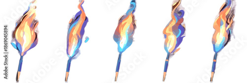 Cinq flammes stylisées et colorées avec des teintes chaudes et froides, idéales comme éléments graphiques transparents pour des designs modernes et énergiques.
