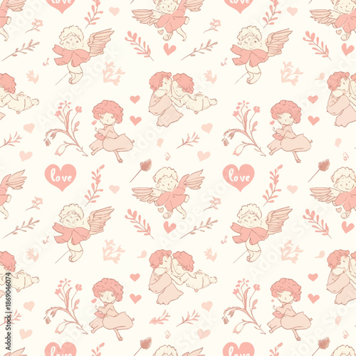 Seamless pattern of love-themed angels and hearts: The illustration depicts a cute pattern featuring cherubic angels with wings, along with hearts and floral accents.