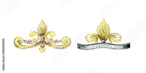 Zwei goldene und silberne Zierelemente mit königlichen Fleur-de-Lis-Motiven, perfekt für luxuriöse Designs und festliche Dekorationen auf transparentem Hintergrund.