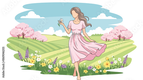 Flat vector illustration of a woman walking in the countryside during spring, peaceful rural lifestyle scene with hills, wildflowers, and natural seasonal beauty