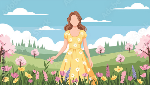 Flat vector illustration of a woman walking in the countryside during spring, peaceful rural lifestyle scene with hills, wildflowers, and natural seasonal beauty
