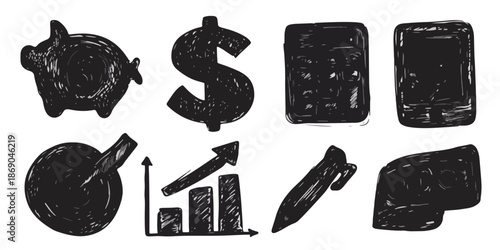 Handgezeichnete Finanz- und Geschäftssymbole im Grunge-Stil, darunter Sparschwein, Dollarzeichen, Taschenrechner und aufsteigender Chart, isoliert auf transparentem Hintergrund für vielseitige