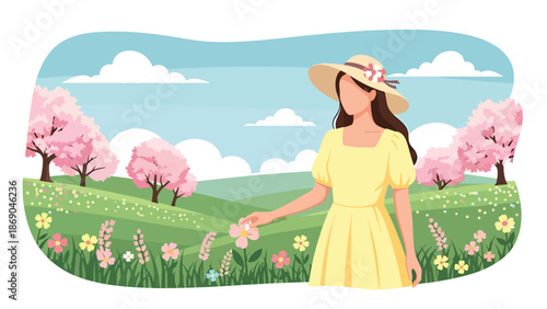Flat vector illustration of a woman walking in the countryside during spring, peaceful rural lifestyle scene with hills, wildflowers, and natural seasonal beauty
