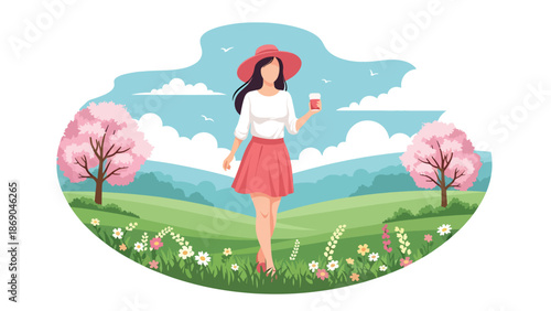 Flat vector illustration of a woman walking in the countryside during spring, peaceful rural lifestyle scene with hills, wildflowers, and natural seasonal beauty