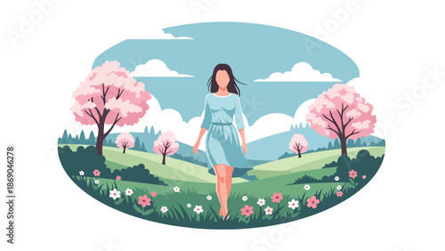 Flat vector illustration of a woman walking in the countryside during spring, peaceful rural lifestyle scene with hills, wildflowers, and natural seasonal beauty