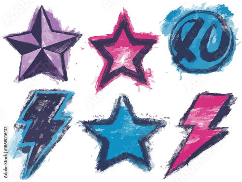 Vibrante Grunge-Symbole: Sterne, Blitze und @-Zeichen in Lila, Pink und Blau, mit Pinselstrich-Effekt, ideal für kreative Designs.